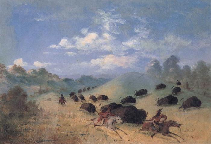 George Catlin Comanche Indians Chasing Buffalo with Lances and Bows Sweden oil painting art